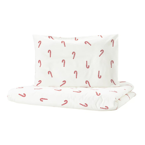 LÖVSÅNGARE Duvet cover 1 pillowcase for cot, candy cane pattern, 110x125/35x55 cm