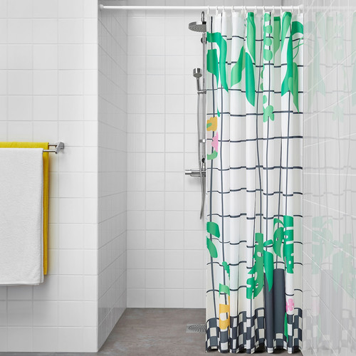 SNÖJONKVILL Shower curtain, white/green, 180x200 cm