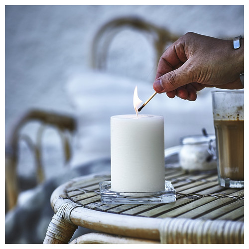 JÄMLIK Scented pillar candle, Vanilla/light beige, 30 hr