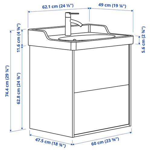 TÄNNFORSEN / RUTSJÖN Wash-stnd w drawers/wash-basin/tap, white, 62x49x74 cm