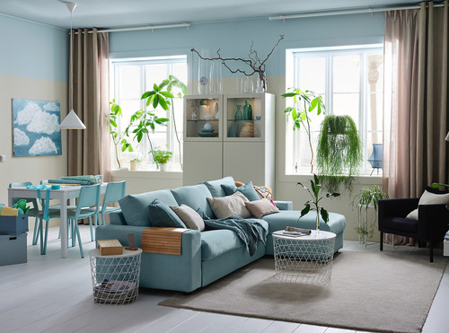 VIMLE 3-seat sofa with chaise longue, with wide armrests/Saxemara light blue
