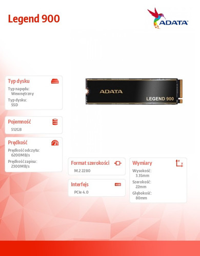 Adata SSD Legend 900 512GB PCIe 4x4 6.2/2.3 GB/s M2