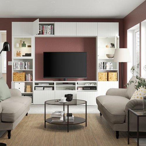 BESTÅ TV storage combination/glass doors, white Sutterviken/Sindvik white clear glass, 300x42x231 cm