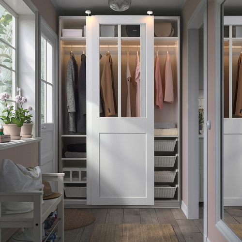 PAX / GRIMO Wardrobe with sliding doors, white/clear glass white, 150x66x236 cm