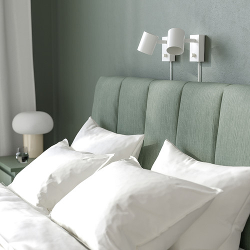 TÄLLÅSEN Upholstered bed frame with mattress, Kulsta grey-green/Vesteröy hard firm, 140x200 cm