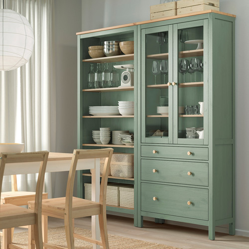 HEMNES Storage combination w doors/drawers, grey-green/light brown stained, 180x197 cm