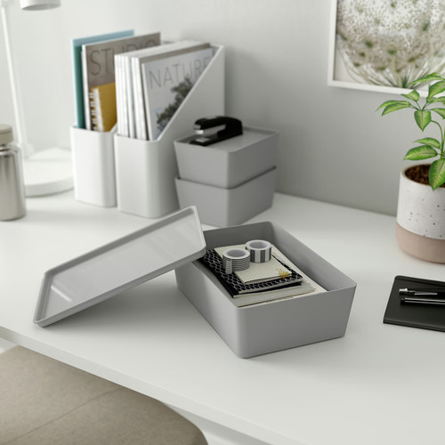 KUGGIS Box with lid, light grey, 18x26x8 cm