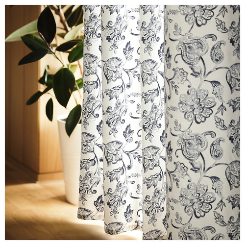 DOVREFIBBLOR Curtains, 1 pair, white/dark blue, 145x300 cm