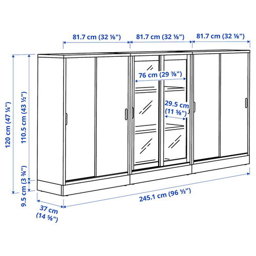 TONSTAD Storage combination w sliding doors, oak veneer/clear glass, 245x37x120 cm