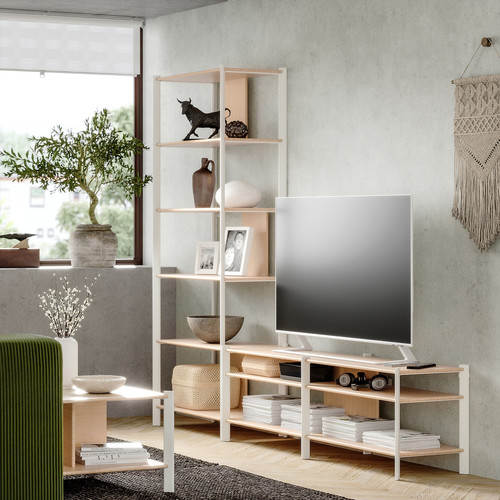 JÄTTESTA TV storage combination, white/light bamboo, 240x40x194 cm