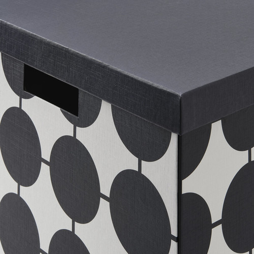 TJENA Storage box with lid, white black/dotted, 32x35x32 cm