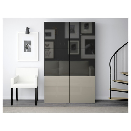 BESTÅ Storage combination w/glass doors, black-brown, Selsviken high-gloss/beige, dimmed glass, 120x40x192 cm