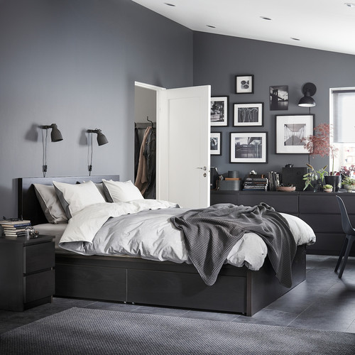 MALM Bed frame, high, w 2 storage boxes, black-brown, Leirsund, 140x200 cm