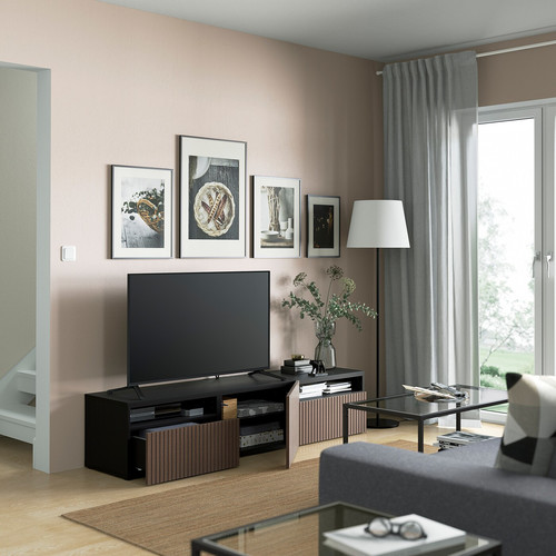 BESTÅ TV bench with drawers and door, black-brown Björköviken/brown stained oak veneer, 180x42x39 cm