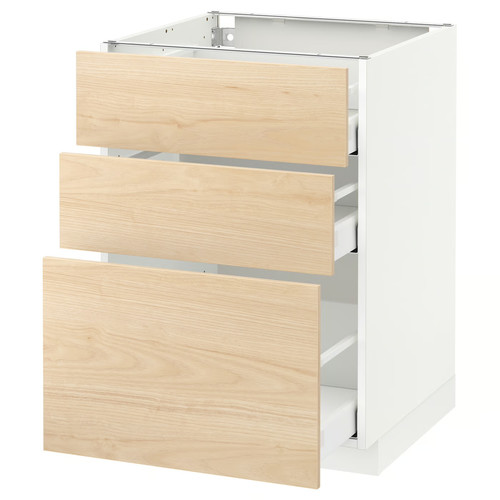METOD / MAXIMERA Base cabinet with 3 drawers, white/Askersund light ash effect, 60x60 cm