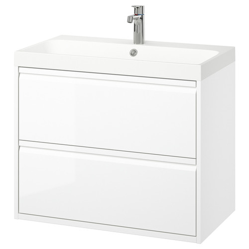 ÄNGSJÖN / BACKSJÖN Wash-stnd w drawers/wash-basin/tap, high-gloss white, 80x48x69 cm
