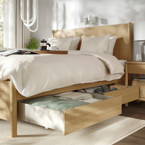 TONSTAD Bed frame with storage, oak veneer/Leirsund, 160x200 cm