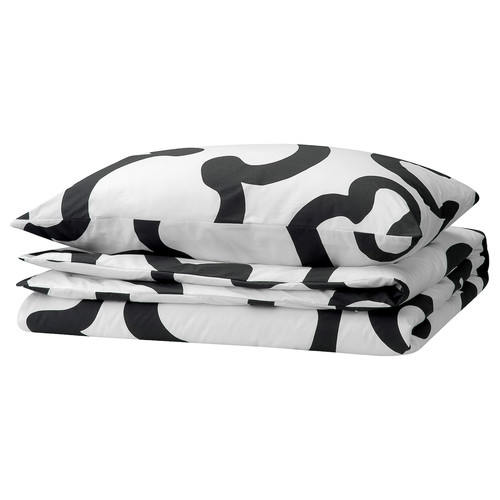 KLIPPBRÄCKA Duvet cover and pillowcase, white/black, 150x200/50x60 cm