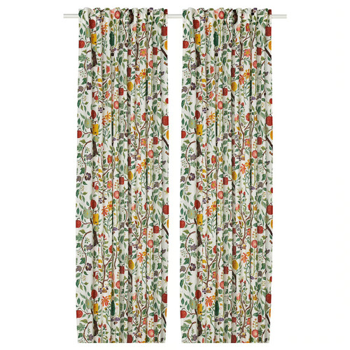 VILDPERSILJA Curtains, 1 pair, white multicolour/floral pattern, 145x300 cm