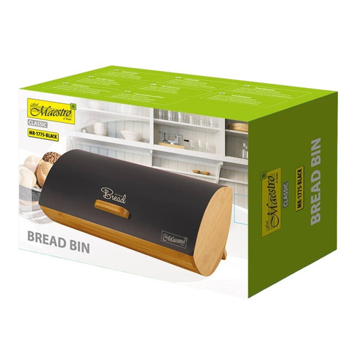 Feel Maestro Modern Stainless Steel & Bamboo Bread Bin MR-1775-BLACK