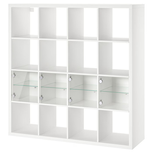 KALLAX Shelving unit with 4 inserts, white/glass, 147x147 cm