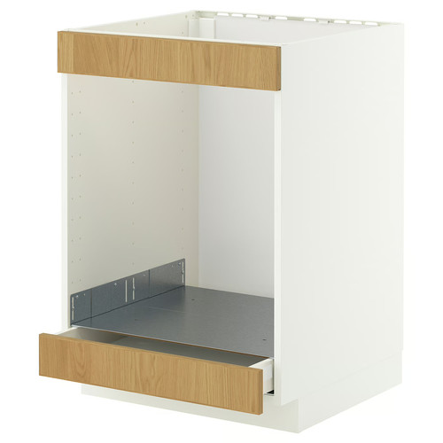 METOD / MAXIMERA Base cab for hob+oven w drawer, white/Sinarp oak veneer, 60x60 cm