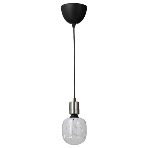 SKAFTET / MOLNART Pendant lamp with light bulb, nickel-plated/tube-shaped white/clear glass