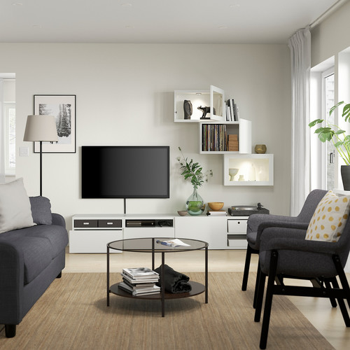 BESTÅ TV storage combination/glass doors, white/Lappviken white clear glass, 240x42x190 cm