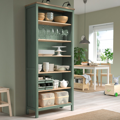 Bookcase, grey-green/light brown stained, 90x197 cm