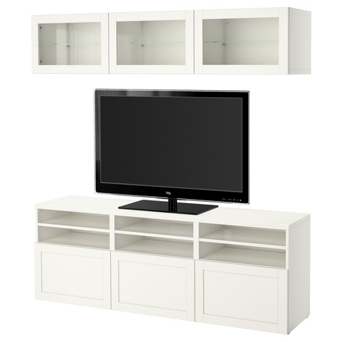 BESTÅ TV storage combination/glass doors, white/Hanviken white clear glass, 180x42x192 cm