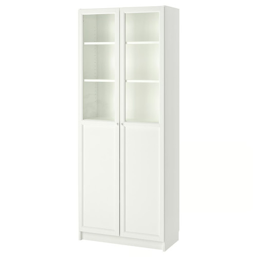 BILLY Bookcase with panel/glass doors, white, 80x42x202 cm