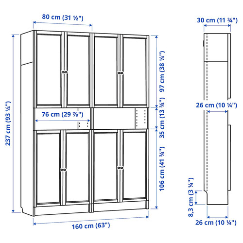 BILLY / OXBERG Bookcase w height extension ut/drs, dark brown oak effect, 160x30x237 cm