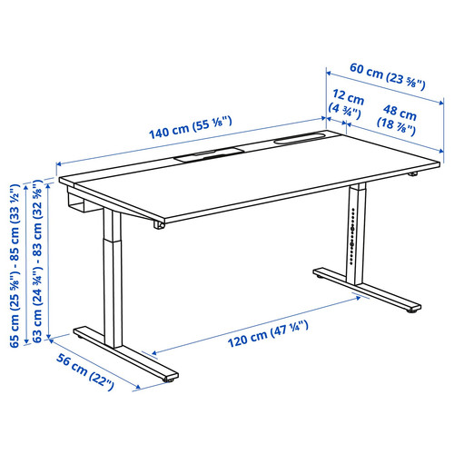 MITTZON Desk, black stained ash veneer/white, 140x60 cm