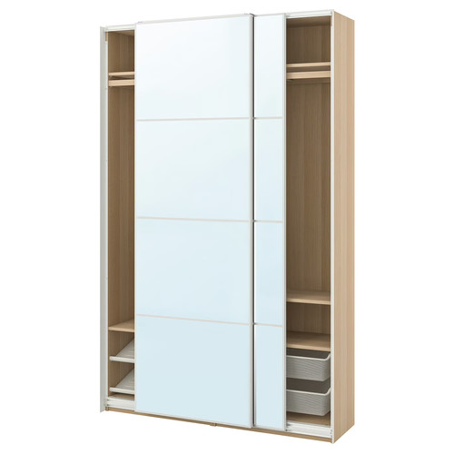 PAX / AULI Wardrobe with sliding doors, white stained oak effect/mirror glass, 150x44x236 cm