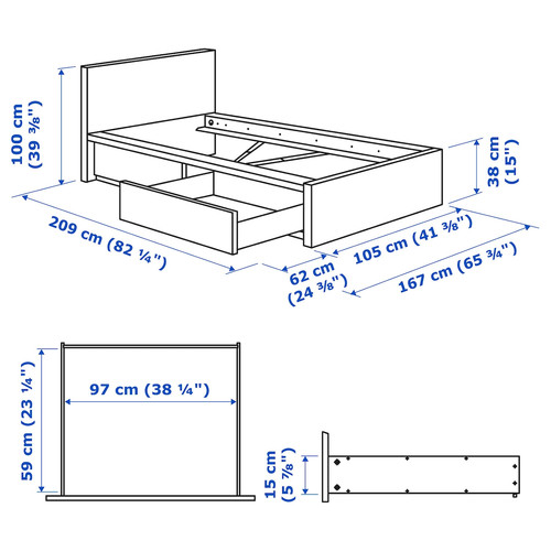 MALM Bed frame, high, w 2 storage boxes, white stained oak, Luröy, 90x200 cm