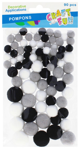 Pompoms 90pcs, white, grey, black