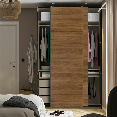 PAX / MEHAMN Wardrobe with sliding doors, grey-beige black/double sided walnut, 150x66x236 cm