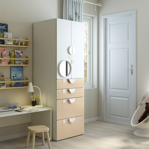 SMÅSTAD / PLATSA Wardrobe, white/birch with 4 drawers, 60x57x181 cm
