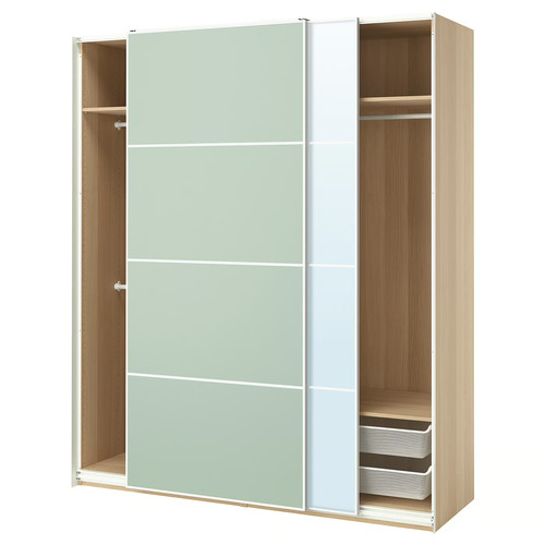 PAX / MEHAMN/AULI Wardrobe with sliding doors, white stained oak effect double sided/light green mirror glass, 200x66x236 cm