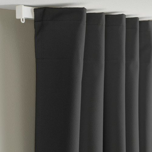 KORGMOTT Block-out curtains, 1 pair, dark grey/with heading tape, 145x300 cm