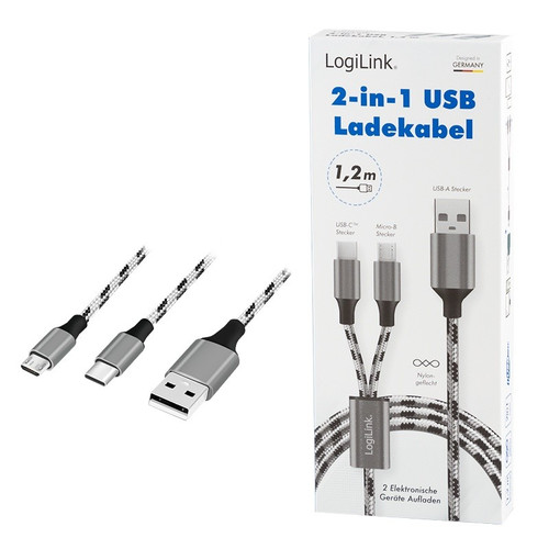 LogiLink USB2.0 cable, A/M to micro-USB + USB-C, 1.2m