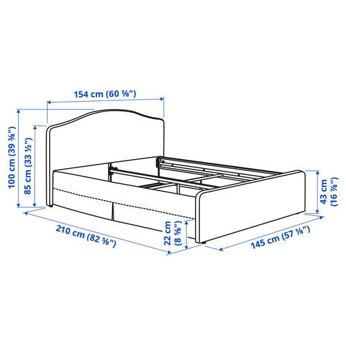 RAMNEFJÄLL Upholstered bed frame, Kilanda dark blue/Luröy, 140x200 cm