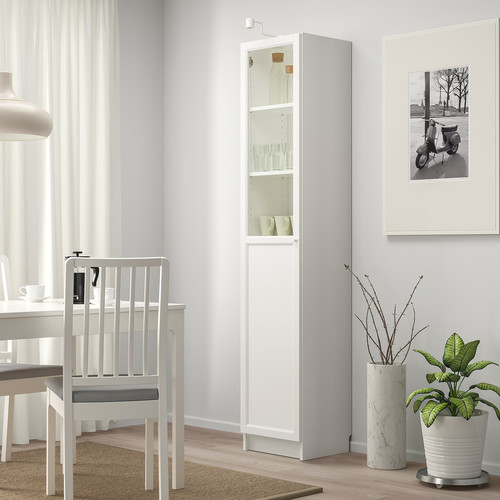 BILLY / OXBERG Bookcase with panel/glass door, white/glass, 40x42x202 cm