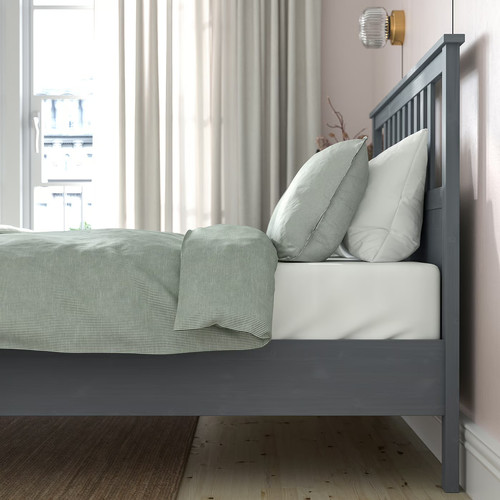 HEMNES Bed frame with mattress, grey stained/Valevåg hard, 140x200 cm