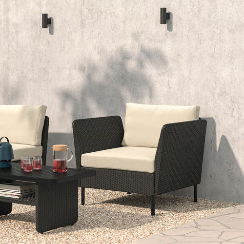 VITTSKÄR Modular lounge chair, plastic rattan dark grey/Frösön/Duvholmen beige
