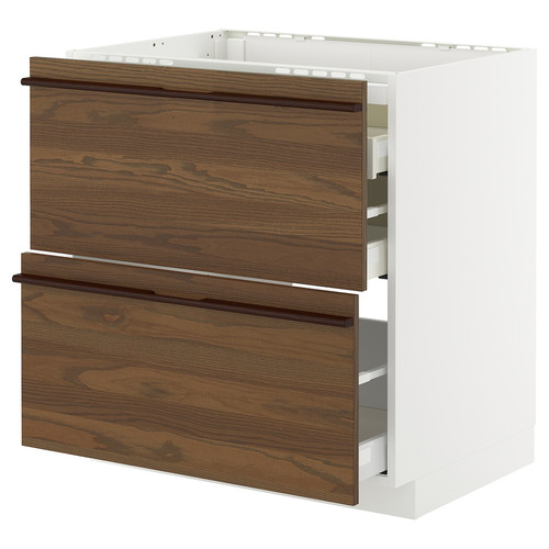 METOD / MAXIMERA Base cab f hob/2 fronts/3 drawers, white/Stensta dark brown ash veneer, 80x60 cm