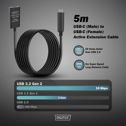 DIGITUS Active USB 3.2 Gen2 10G extension cable, USB-C - USB-C, 5m