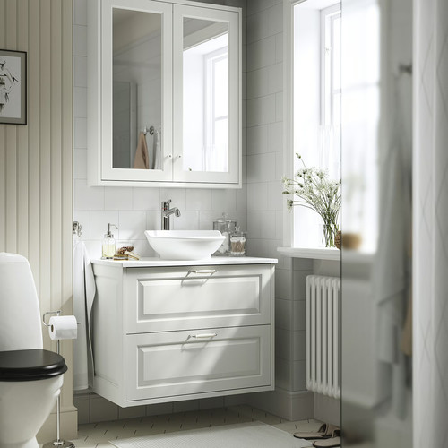 TÄNNFORSEN/VÄSTERSJÖN Wash-stnd w drawers/wash-basin/tap, white/white marble effect, 82x49x79 cm