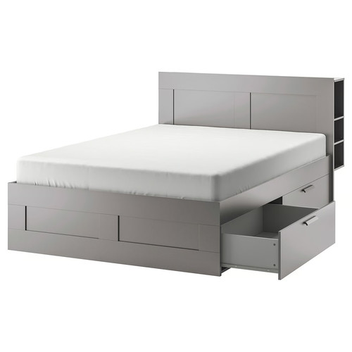 BRIMNES Bed frame w storage and headboard, grey, 140x200 cm