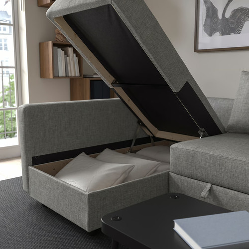 FRIHETEN Corner sofa-bed with storage, with extra back cushions/Faringe light grey